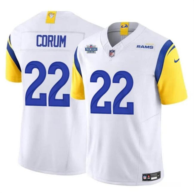 Men's White Los Angeles Rams #22 Blake Corum 2024 With Dradt Patch F.U.S.E Vapor Untouchable Stitched Football Jersey